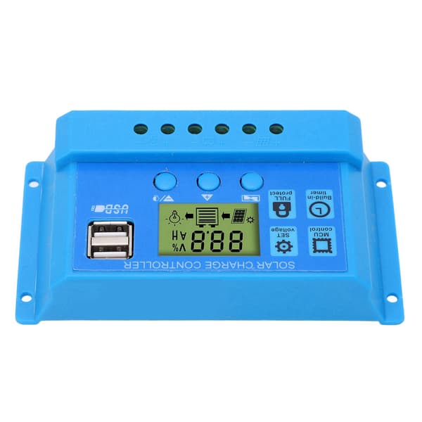 Solar Charge Controller PWM LCD-skærm Parameter Justerbar 2 USB Solar Charge Regulator Blå 12V 24V