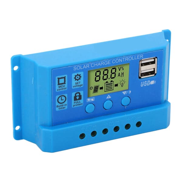 Solar Charge Controller PWM LCD-skærm Parameter Justerbar 2 USB Solar Charge Regulator Blå 12V 24V