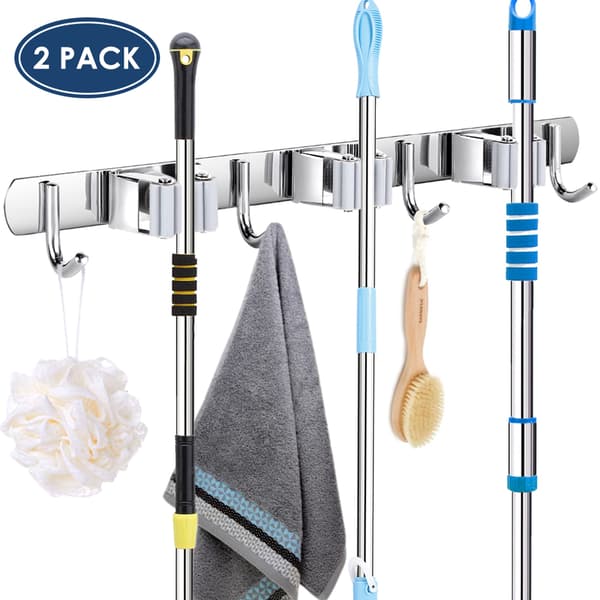Kostholder Rustfrit Stål 3 Clips og 4 Kroge Grå Moppeholder Pakke med 2 til Køkken