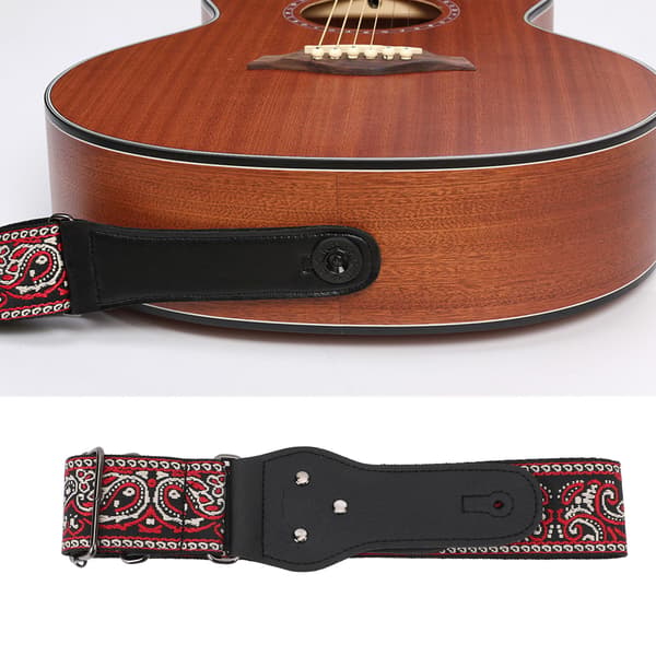 Retro Broderad Röd Gitarrrem, Justerbart Brett Bälte för Akustiska, Elektriska & Basgitarrer, Hög Kvalitet