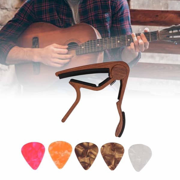 Quick Release String Lock Capo Kit med 5 Guitar Picks til Bas & Banjo, Mørk Valnød Finish