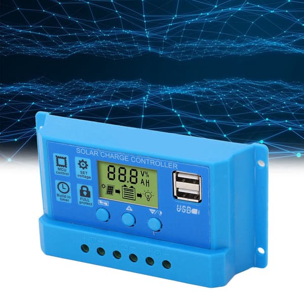 Solar Charge Controller PWM LCD-skærm Parameter Justerbar 2 USB Solar Charge Regulator Blå 12V 24V