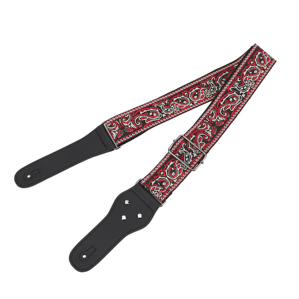 Retro Broderad Röd Gitarrrem, Justerbart Brett Bälte för Akustiska, Elektriska & Basgitarrer, Hög Kvalitet