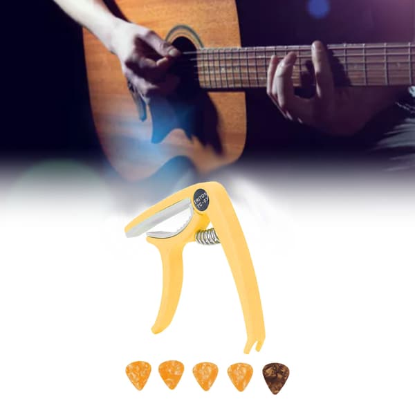 Elektrisk gitarr Capo ABS Quick Release Ukulele Gitarr Capo Set med 5st Gitarrplektrum för Mandolin Banjo Gul
