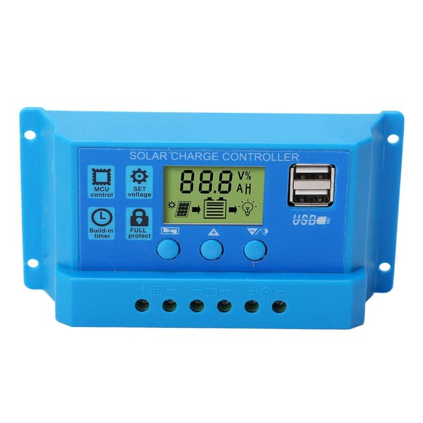 Solar Charge Controller PWM LCD-skærm Parameter Justerbar 2 USB Solar Charge Regulator Blå 12V 24V