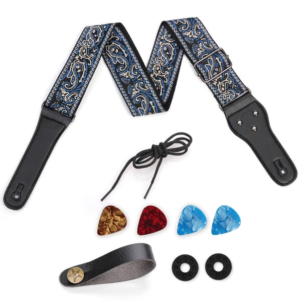 Blågrå broderad gitarrremset Folklig akustisk axelrem Snodd Gitarrplektrum Halkfritt spänne Kit