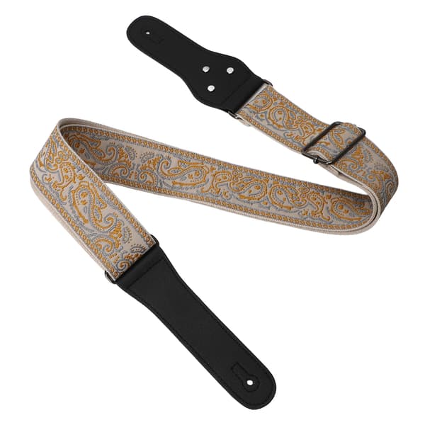 Retro broderad bred gitarrrem, justerbar längd för akustiska, elektriska och basgitarrer, guldkant