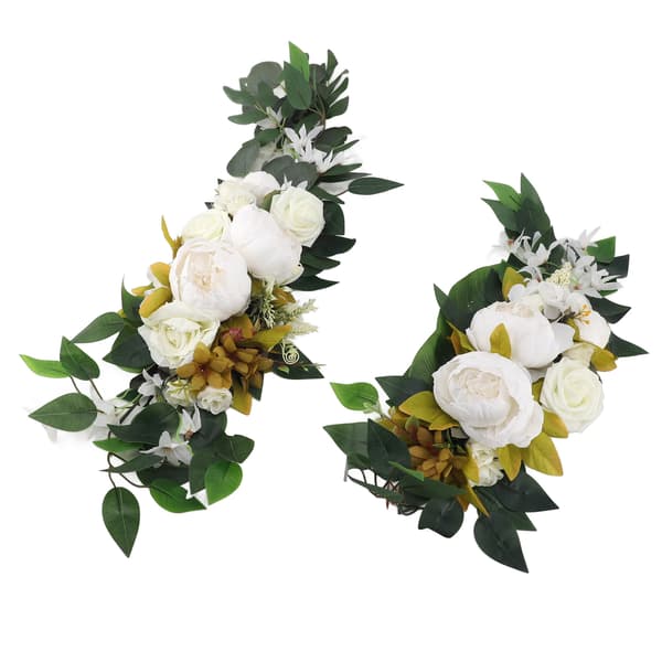Vit siden & PE Faux blommig bröllopsbåge Swag, 2-pack mångsidig blomsterdekor för välkomstskyltar och evenemang