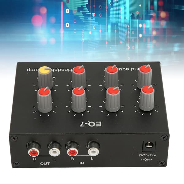 7-bånds grafisk equalizer RCA ind/ud, 12dB basforstærkning, 2-kanals stereo lydprocessor