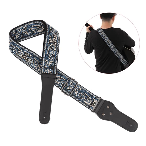 Elgitarrrem Justerbar Nylon Broderad Axelrem med Halkfritt Spänne Blå Grå