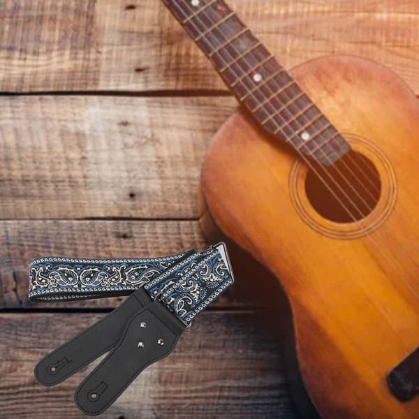 Retro broderad bred gitarrrem, justerbar längd för akustiska, elektriska och basgitarrer, blå