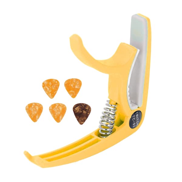 Elektrisk gitarr Capo ABS Quick Release Ukulele Gitarr Capo Set med 5st Gitarrplektrum för Mandolin Banjo Gul