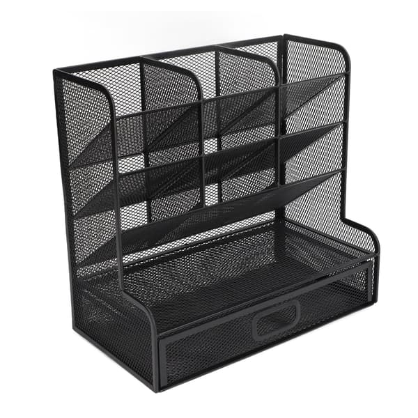 Net Blyantholder med Vippet Design, 9-rums Organizer, Sort Lodret Opbevaring, Skuffe-stil Skrivebords Caddy