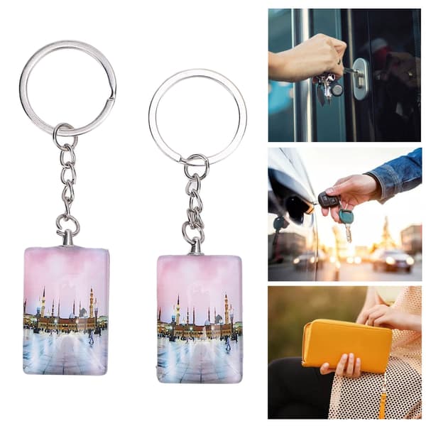 2-pack minnesnyckelringar, dubbelsidig rektangulär berlock, akryl- och stålnyckelhållare