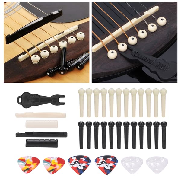 Gitarrtillbehörspaket med stallstift, celluloidplektrum, sadlar och översadlar, stiftutdragare för utbyte