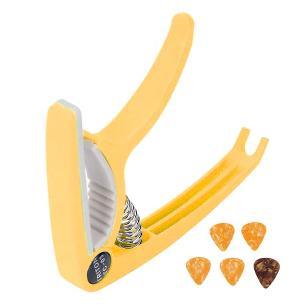 Elektrisk gitarr Capo ABS Quick Release Ukulele Gitarr Capo Set med 5st Gitarrplektrum för Mandolin Banjo Gul