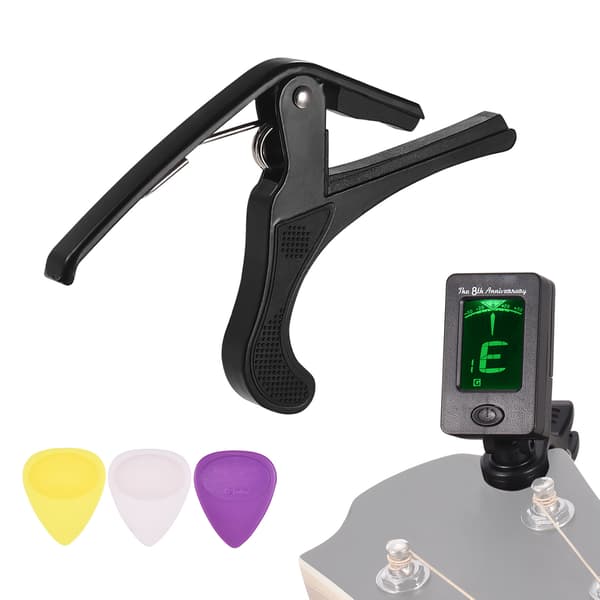 Startpaket med gitarrtillbehör med clip-on LCD digital gitarrstämmare, lätt gitarrkapo, 3 st gitarrplektrum och instrumentverktygssats