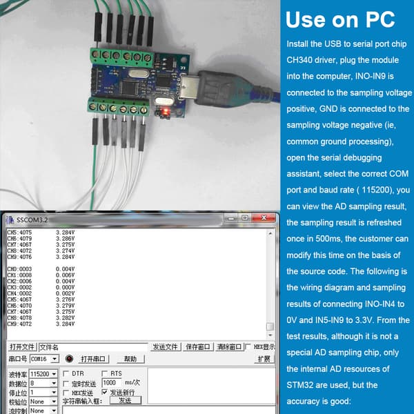 STM32 USB ADC-modul 10CH 12Bit dataindsamlingskort UART seriel interface