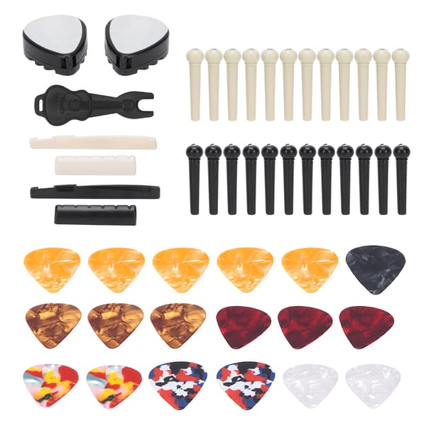 Gitarrtillbehörspaket med stallstift, celluloidplektrum, sadlar och översadlar, stiftutdragare för utbyte