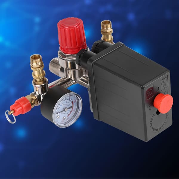 Luftkompressor Tryckkontrollbrytare Ventil Regulator 90-120 PSI med Dubbla Mätare