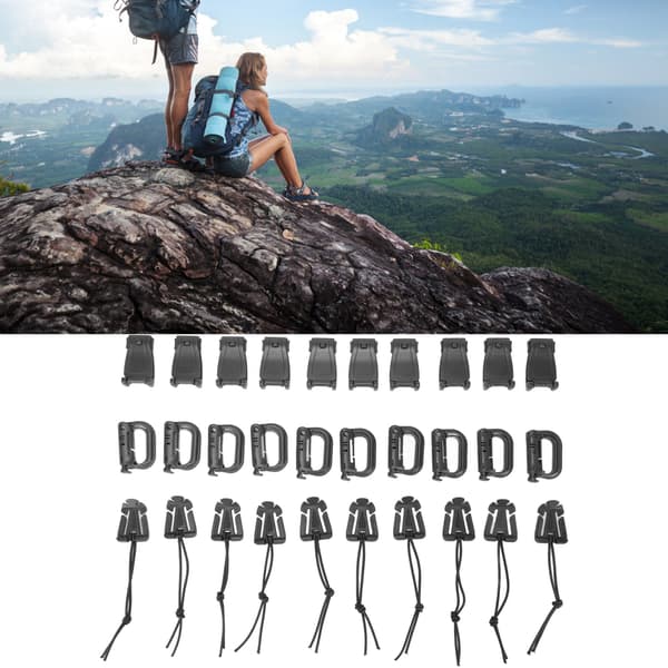 30-pack ryggsäcksremklämmor med D-ring, låsspännen och elastiskt sladdhanteringsset, svart