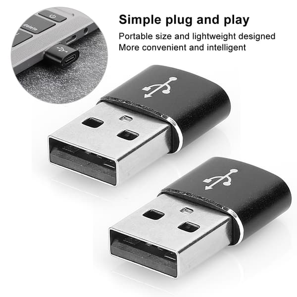 2-pak aluminium USB C til USB-adapter, sort, til opladning og datasynkronisering
