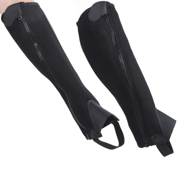 2-pack svarta mesh-halvchaps för barn – flexibla ridbenskydd, hästskydd