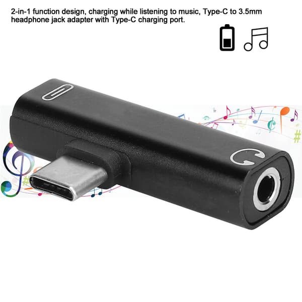 2-pak 2-i-1 USB-C til 3,5 mm splitteradapter, lyd- og opladningskabel til headset, sort