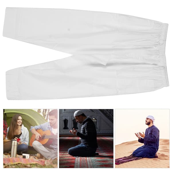 Muslimska byxor för män, lös passform, bomull, polyester, afghanska byxor med elastisk midja, vit, stor