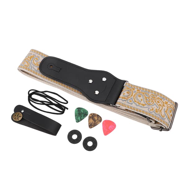 Retro broderad bred gitarrrem, justerbar längd för akustiska, elektriska och basgitarrer, guldkant