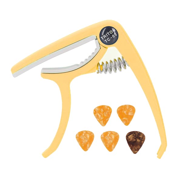 Elektrisk gitarr Capo ABS Quick Release Ukulele Gitarr Capo Set med 5st Gitarrplektrum för Mandolin Banjo Gul