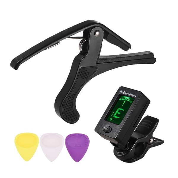 Startpaket med gitarrtillbehör med clip-on LCD digital gitarrstämmare, lätt gitarrkapo, 3 st gitarrplektrum och instrumentverktygssats