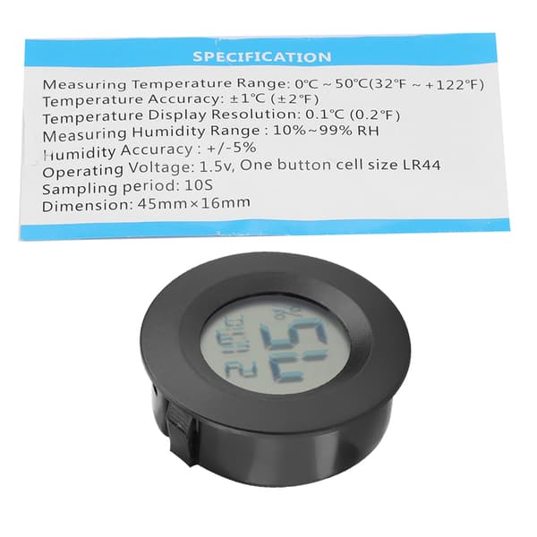 Mini digitalt LCD-termometer, rund form, temperatur til indendørs krybdyr/kæledyr (sort)