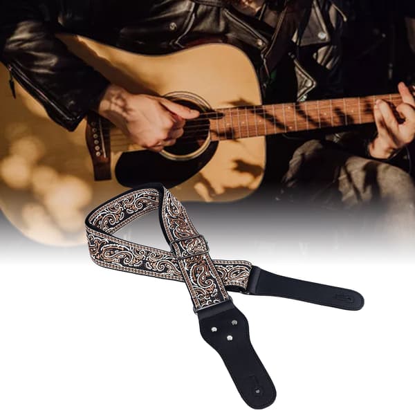 Broderad bred gitarrrem, justerbar brun axelrem med plektrum för akustisk, elektrisk och basgitarr