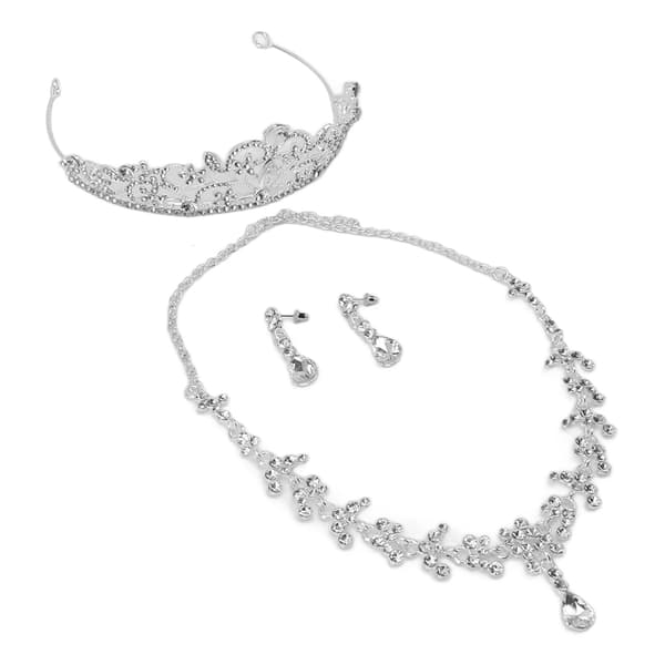 Brudtiara och halsbandssats, strass silverfärgad legering, allergivänlig, bröllopssmyckesset