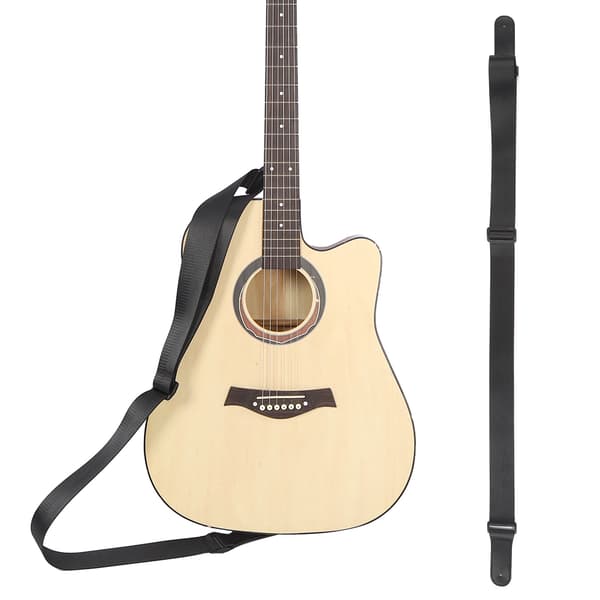 Svart längdjusterbar gitarrrem för akustisk elbas ukulele, nylonbälte, läderände i toppnarv