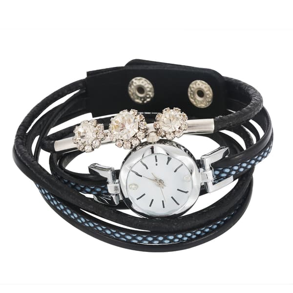 Dame Rhinestone PU-rem Rund Urskive Quartz Armbåndsur (Sort)
