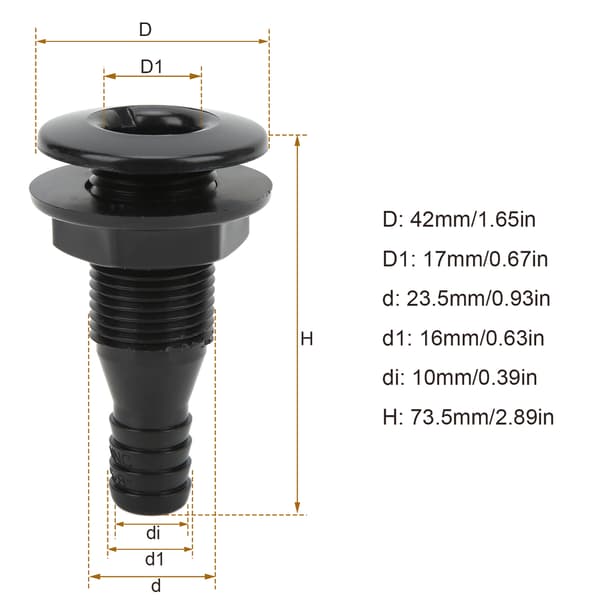 5/8in Båd Gennem Skrog Fitting Lige ABS Slangeforbindelse, Sort, Marinekvalitet, Slagfast
