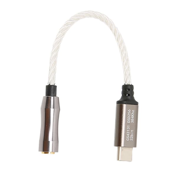 USB-C til 3,5 mm HiFi DAC Dongle, 15 cm lydadapter, 120dB lydkort til Android-telefon og PC, sølv