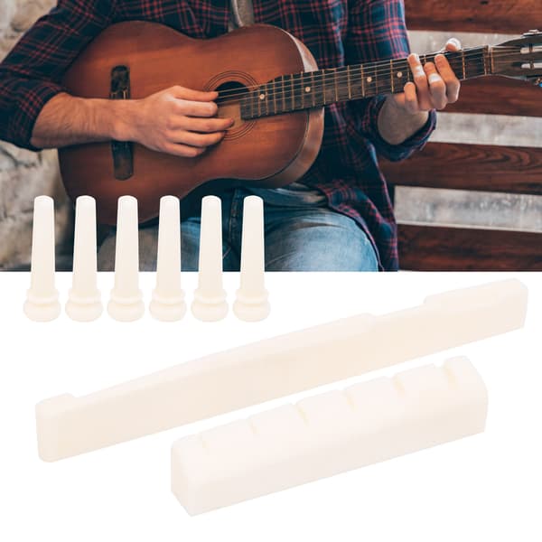 Stallbensbryggstift Gitarrsadel Reparationssats för Akustisk Gitarr, 6 stift 1 sadel 1 mutter, stift 28x7,8mm mutter 43x6x9mm sadel 72x3x9mm