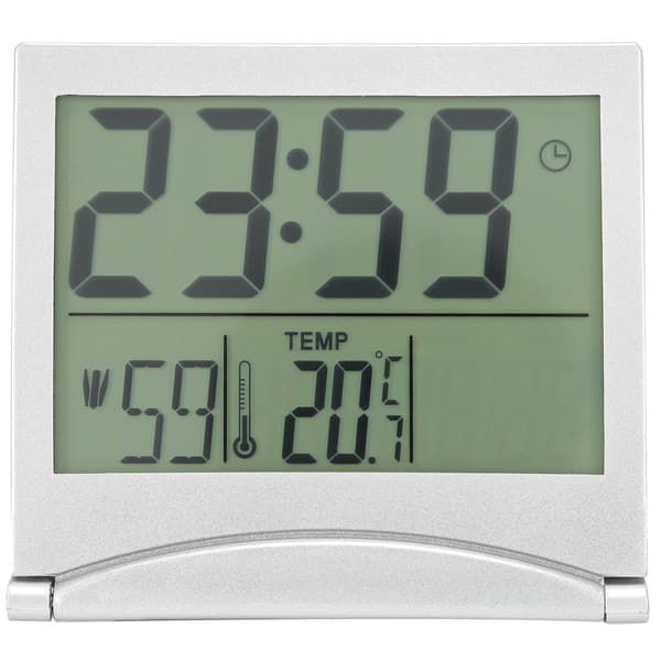 Elektronisk kompakt skrivebordsvækkeur, foldbart kalender, temperatur, timerur til rejser