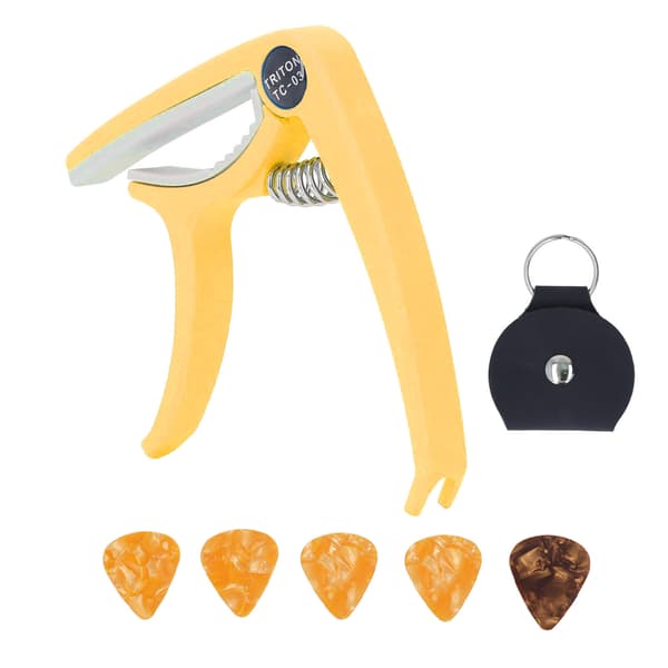 Elektrisk gitarr Capo ABS Quick Release Ukulele Gitarr Capo Set med 5st Gitarrplektrum för Mandolin Banjo Gul