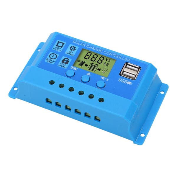 Solar Charge Controller PWM LCD-skærm Parameter Justerbar 2 USB Solar Charge Regulator Blå 12V 24V