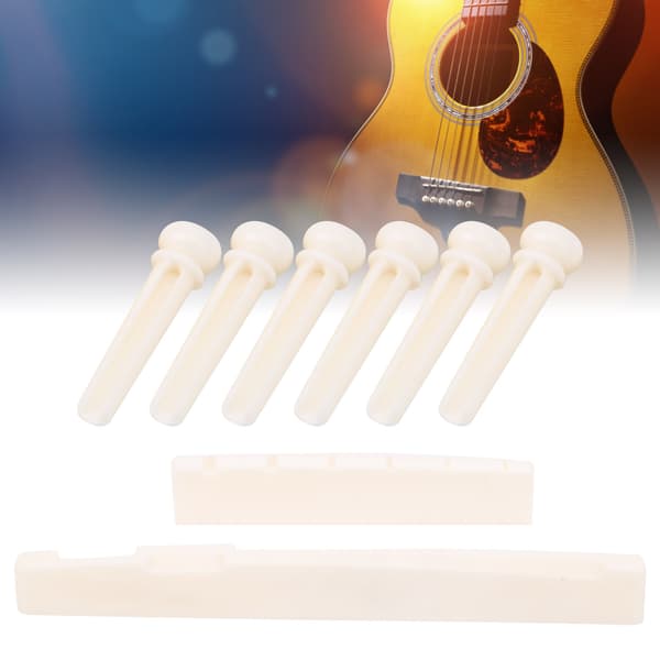 Stallbensbryggstift Gitarrsadel Reparationssats för Akustisk Gitarr, 6 stift 1 sadel 1 mutter, stift 28x7,8mm mutter 43x6x9mm sadel 72x3x9mm