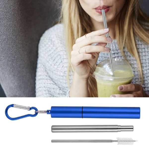 Infällbart bärbart sugrörskit i rostfritt stål (blått aluminiumfodral sugrör+borste+karbinhake)