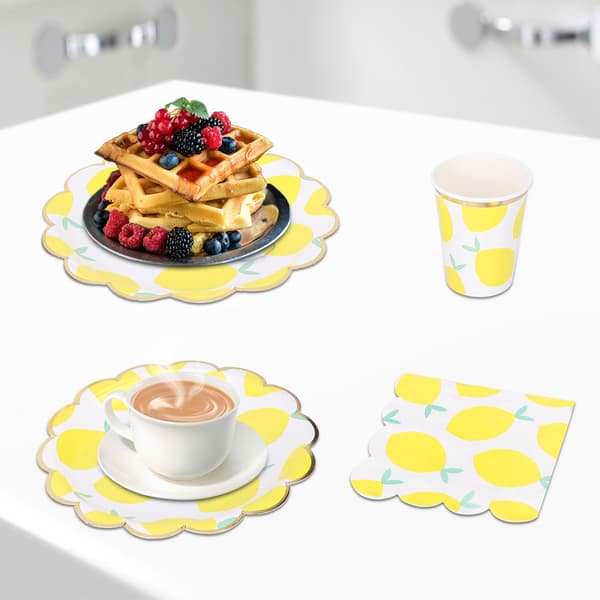 Söt citronfrukt-tema bröllopsfest engångspappersmugg tallrik servett bestickset