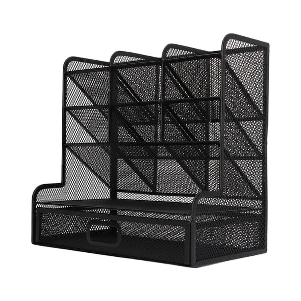 Net Blyantholder med Vippet Design, 9-rums Organizer, Sort Lodret Opbevaring, Skuffe-stil Skrivebords Caddy