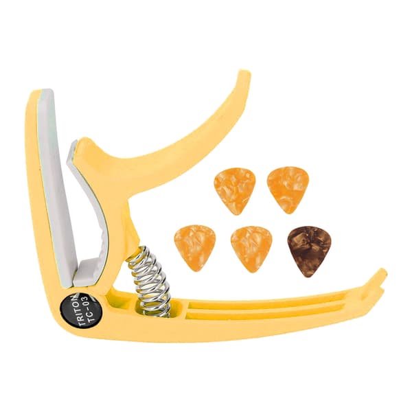 Elektrisk gitarr Capo ABS Quick Release Ukulele Gitarr Capo Set med 5st Gitarrplektrum för Mandolin Banjo Gul