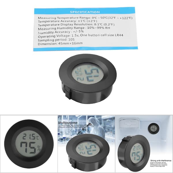 Mini digitalt LCD-termometer, rund form, temperatur til indendørs krybdyr/kæledyr (sort)