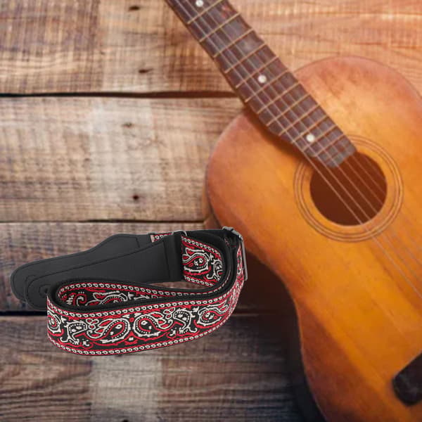 Retro Broderad Röd Gitarrrem, Justerbart Brett Bälte för Akustiska, Elektriska & Basgitarrer, Hög Kvalitet
